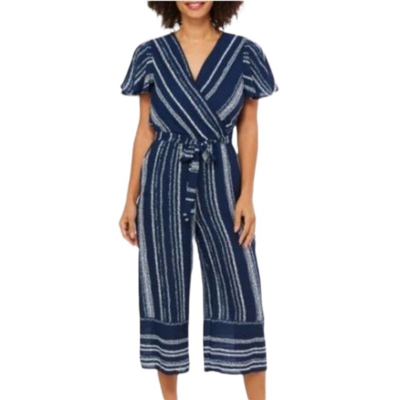 Luxology Pants - NWT Luxology Navy Blue White wide leg faux wrap cropped jumpsuit size La…